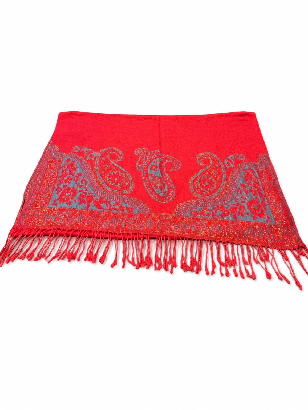 100% Pashmina Red Blue Paisley Gold Fringe Scarf Wrap 72” x 24”